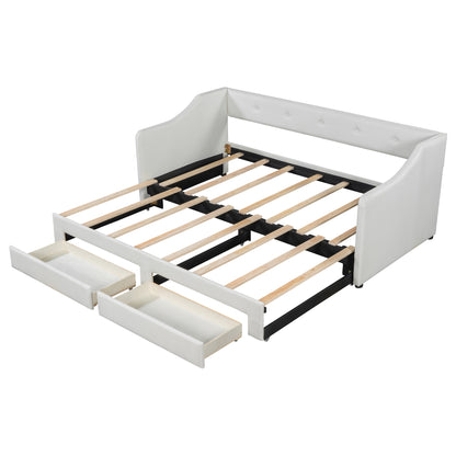 Twin XL to King Size Upholstered Daybed with Two Drawers Beige Plywood MDF Linen