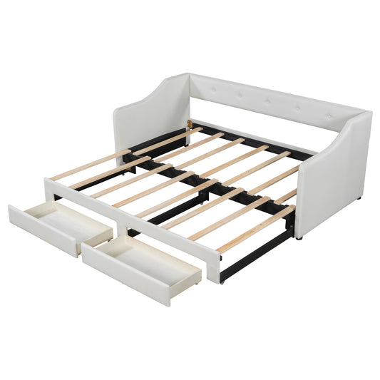 Twin XL to King Size Upholstered Daybed with Two Drawers Beige Plywood MDF Linen