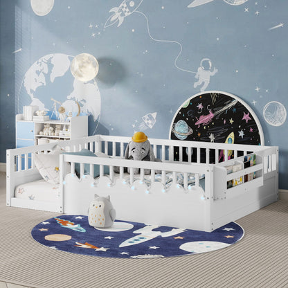 Full Montessori Floor Bed Frame with High Rails, Wood Kids Floor Beds with Light and Storage Shelf, White (Expect Arrival Date 2025/8/15)