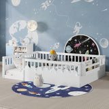 Full Montessori Floor Bed Frame with High Rails, Wood Kids Floor Beds with Light and Storage Shelf, White (Expect Arrival Date 2025/8/15)