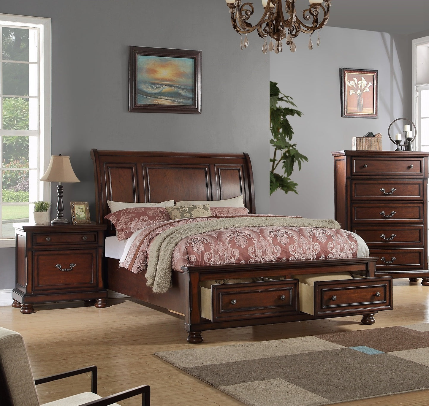 Traditional 3pc Bedroom Set Queen Size Bed 2x Nightstands Panel HB Footboard Drawers Antique Cherry Furniture