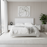 White Queen Size Bed Frame, Solid Wood & MDF, No Box Spring Needed, Classic Design with Grooved Panels