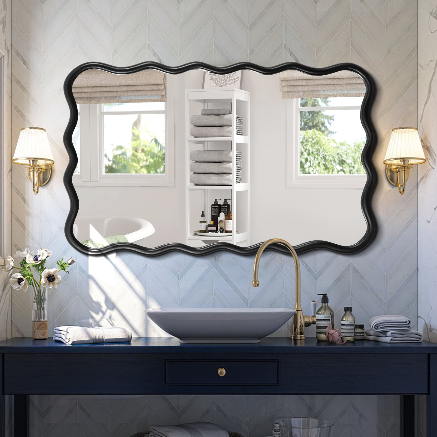 Solid Wood Wavy Rectangle Mirror-Black 40' x 28' Modern Mirror Wall Decor for Bathroom, Bedroom, Living Room, Dining Room, Cloakroom, Entryway