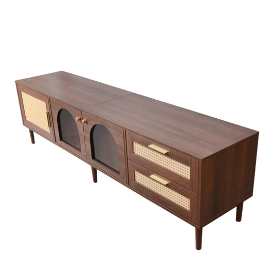 Modern 70 inch TV Stand in Dark Brown with App-Controlled LED Lights, Rattan Doors, 2 Drawers & Glass Door Storage, MDF and Solid Wood Frame