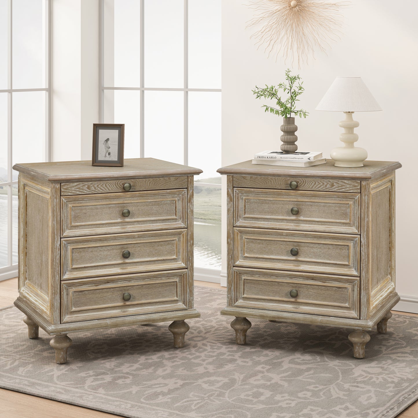 Farmhouse Nightstands Set of 2 with 4 Drawer,Wood Storage End Table with Hidden Pull-Out Shelf, Large Side Table with 4 Solid Wood Feet and Metal Handle,Easy Assembly,Natural