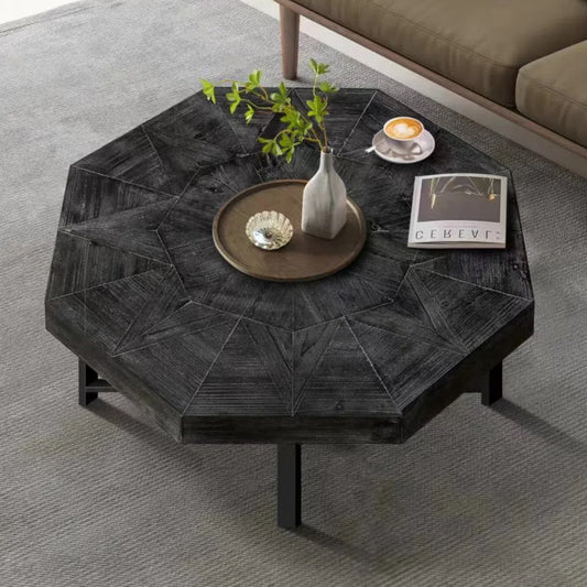 Wood Octagonal Vintage Patchwork Craft Farmhouse 30 Inch Wooden Table Top  Cross Metal Legs Coffee Table for Living Room(Antique Black)