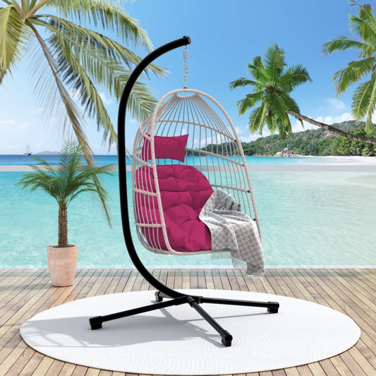 Outdoor Egg Hanging Chair with Stand, Patio Wicker Swing Egg Chair Indoor Swinging Chair Outdoor Hammock Egg Chair. Rose red