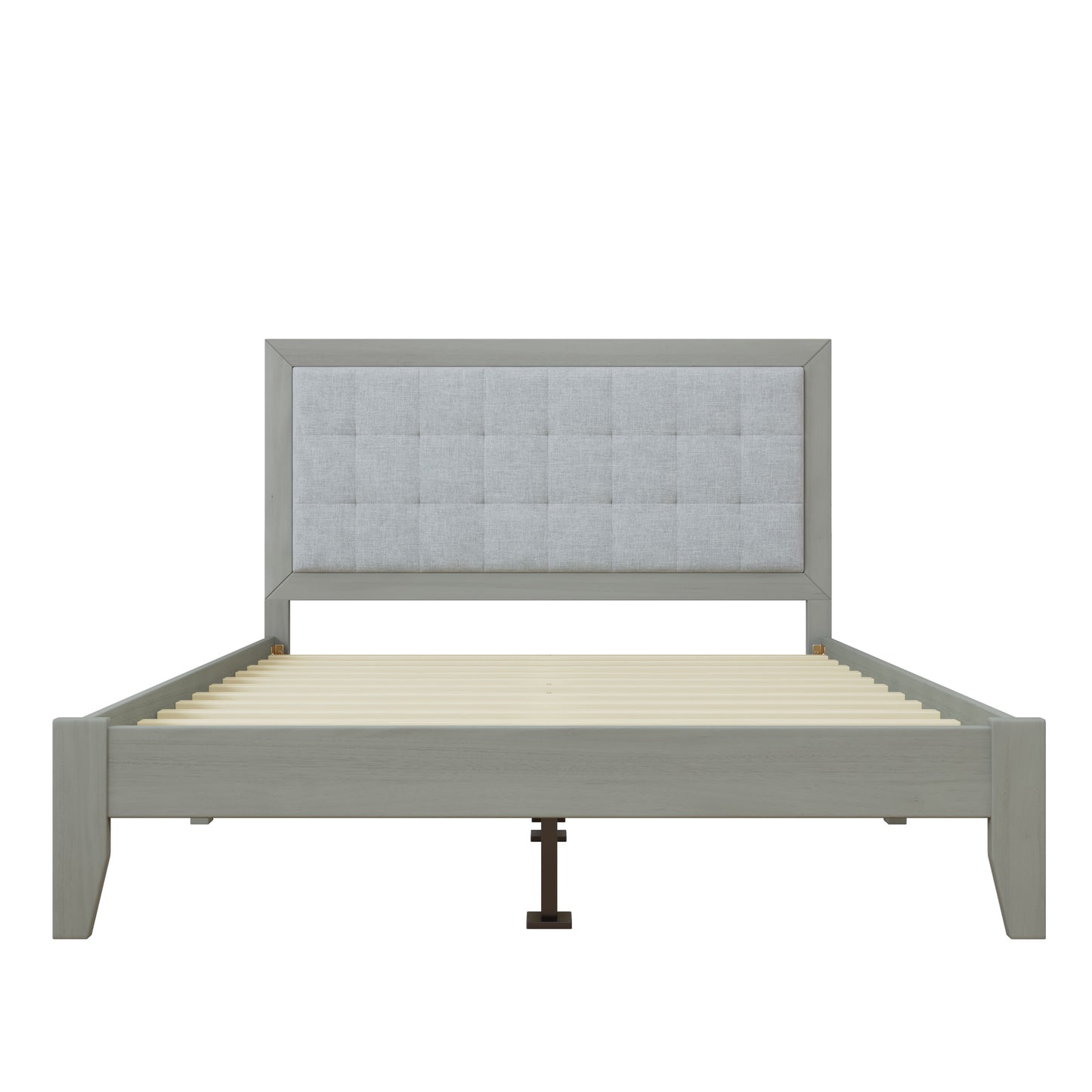 Mid-Century Modern Solid Wood Platform Bed with Upholstered Headboard in Grey, Rubber Wood, Queen Size