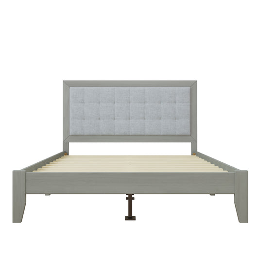 Mid-Century Modern Solid Wood Platform Bed with Upholstered Headboard in Grey, Rubber Wood, Queen Size