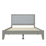 Mid-Century Modern Solid Wood Platform Bed with Upholstered Headboard in Grey, Rubber Wood, Queen Size