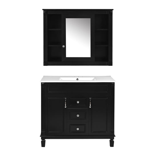 Modern 36'' Bathroom Vanity with Top Sink, Black Mirror Cabinet, 2 Soft-Closing Doors & 2 Drawers, Solid Wood+MDF Construction, Ceramic Sink