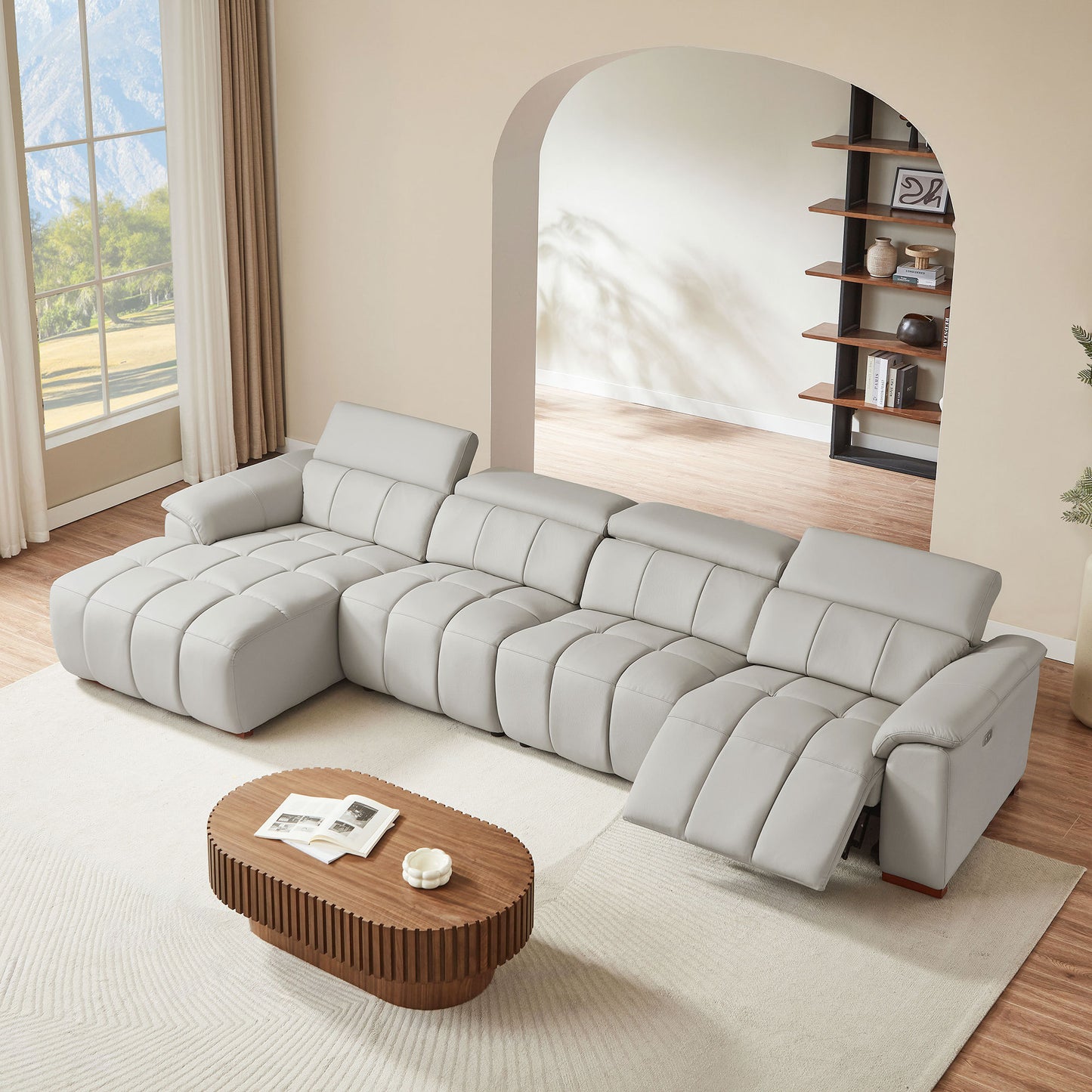 4 Seats Wall-Hugger Reclining Sofa Modern Electric Control Genuine Leather L Shaped Couch,Lounge Seat Theater Seating Furniture with USB Port, Sofa with Headrest & Footrest for Living Room,Apartment