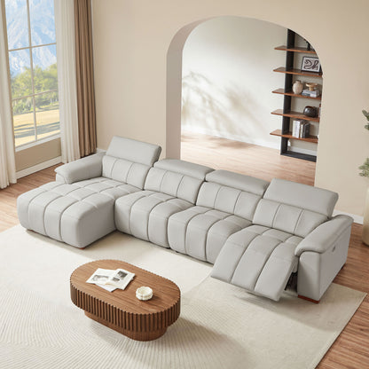 4 Seats Wall-Hugger Reclining Sofa Modern Electric Control Genuine Leather L Shaped Couch,Lounge Seat Theater Seating Furniture with USB Port, Sofa with Headrest & Footrest for Living Room,Apartment