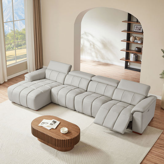 4 Seats Wall-Hugger Reclining Sofa Modern Electric Control Genuine Leather L Shaped Couch,Lounge Seat Theater Seating Furniture with USB Port, Sofa with Headrest & Footrest for Living Room,Apartment
