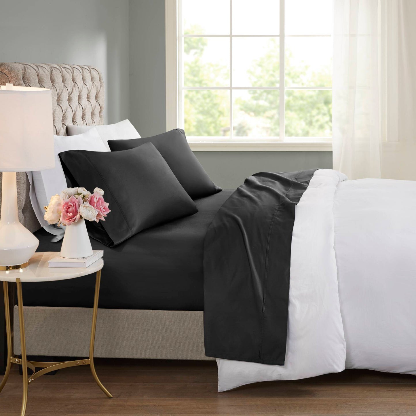 4-Piece King Cooling Cotton Blend Sheet Set, Black