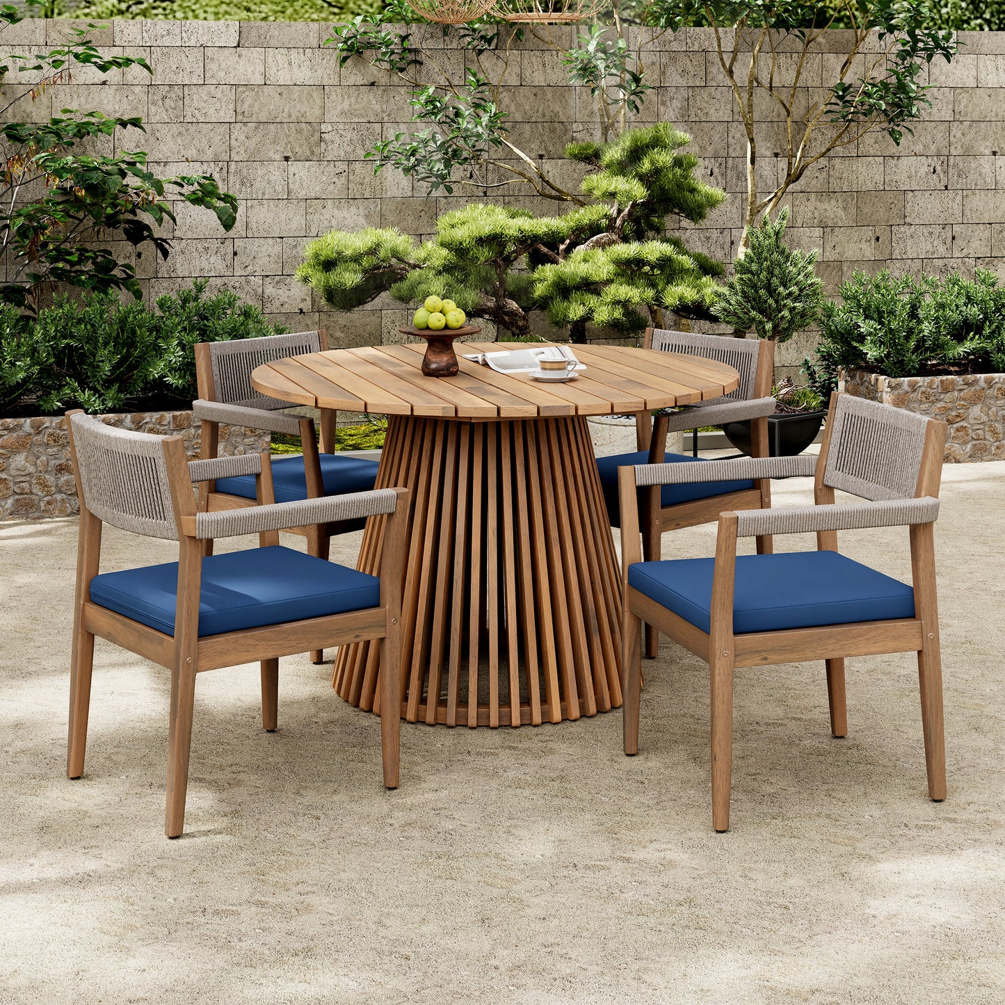 Patio Set Outdoor Acacia Wood Furniture Sets- Braided Dining Chairs(With Navy Cushion)and Patio Dining Table for Garden, Patio & Deck (Teak Look & Beige Rope)