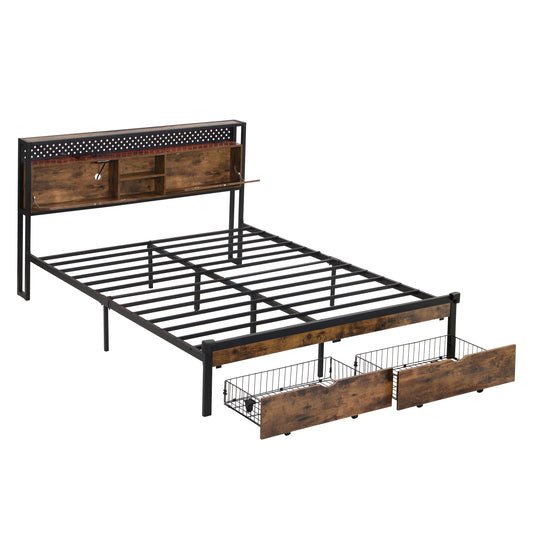 Contemporary King Size Metal Platform Bed Frame with Wooden Headboard and Footboard, USB Charging, LED Lights, Storage, Easy Assembly, Black & Brown