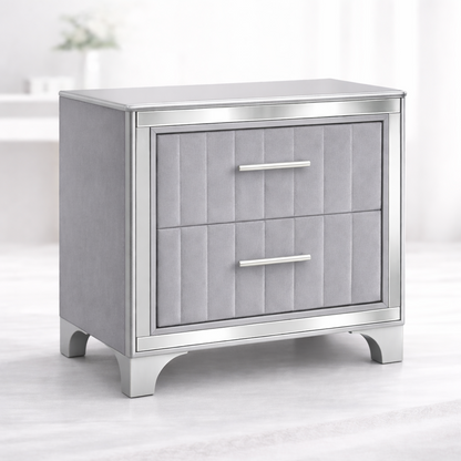 Contemporary Acrylic Nightstand with Two Drawers, Upholstered Bedside Table Featuring Silver Metal Legs, Modern End Table for Bedroom or Living Space (22.64' W x 15.75' D x 24.13' H)