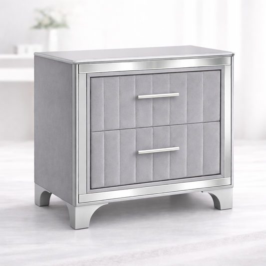 Contemporary Acrylic Nightstand with Two Drawers, Upholstered Bedside Table Featuring Silver Metal Legs, Modern End Table for Bedroom or Living Space (22.64' W x 15.75' D x 24.13' H)