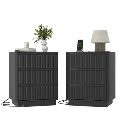 (Set of 2)End Table with Fast USB C Charging Station, Sofa Side Table with 3Drawers, Large Storage Modern Wood Storage Cabinet for Living Room,Bedroom,Office, Black