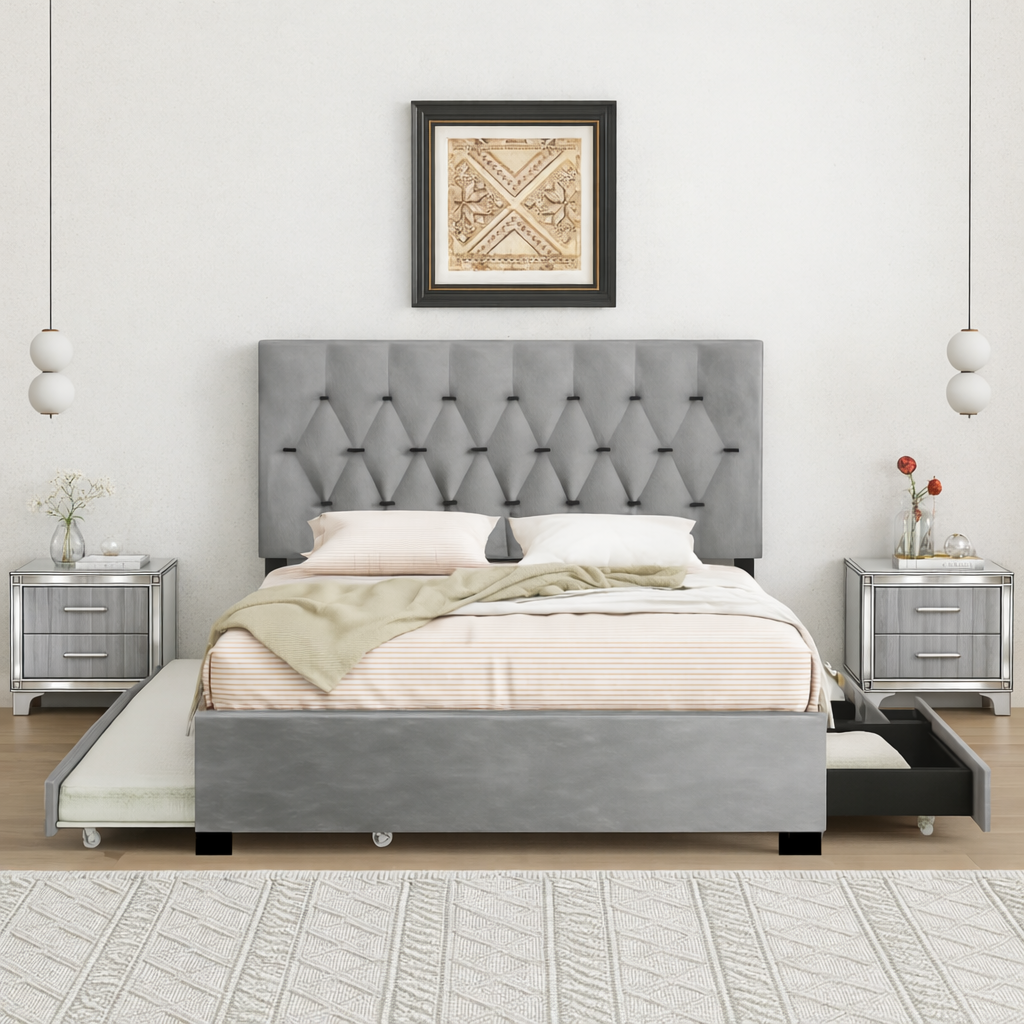 Queen Size Upholstered Platform Bed with Pull-Out Trundle and 2 Storage Drawers, Includes 2 Acrylic Design Nightstands, Grey Bedroom Furniture Set