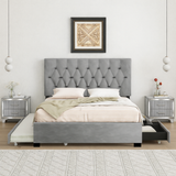 Queen Size Upholstered Platform Bed with Pull-Out Trundle and 2 Storage Drawers, Includes 2 Acrylic Design Nightstands, Grey Bedroom Furniture Set