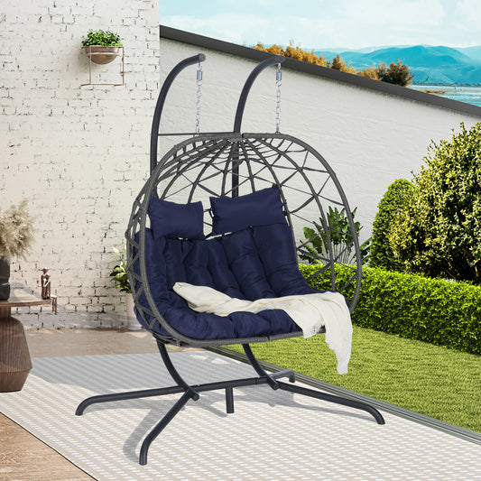 Double Egg Chair with Stand Hanging Indoor Outdoor Wicker Rattan Patio Basket Egg Swing Chair Hammock Egg Chairs with UV Resistant Cushions 600 lbs for Bedroom Balcony Patio