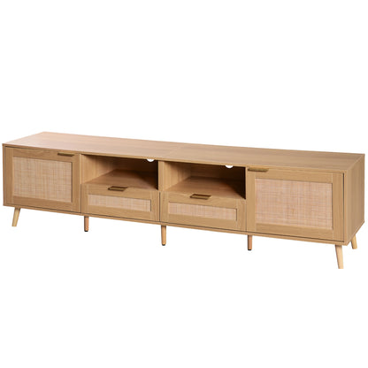 Modern Farmhouse Rattan TV Stand for TVs up to 85'', Solid Wood Legs, Media Console with MDF Board, Living Room Entertainment Center in Wood Finish