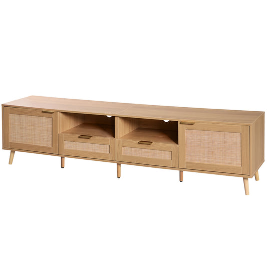 Modern Farmhouse Rattan TV Stand for TVs up to 85'', Solid Wood Legs, Media Console with MDF Board, Living Room Entertainment Center in Wood Finish