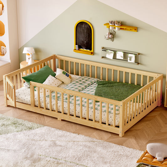 Full Size Bed Floor Bed with Safety Guardrails and Door for Kids, Natural(Old SKU:  W1580P154627)