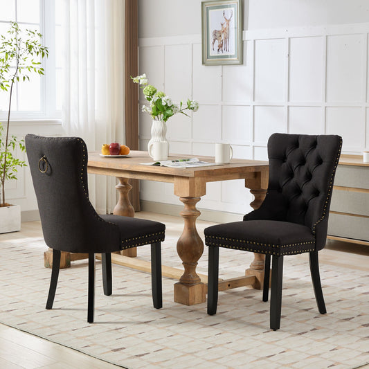 Nikki Collection Modern, High-end Tufted Solid Wood Contemporary Flax Upholstered Linen Dining Chair with Wood Legs Nailhead Trim 2-Pcs Set,Black Fabric and Black Legs, SW6801BB