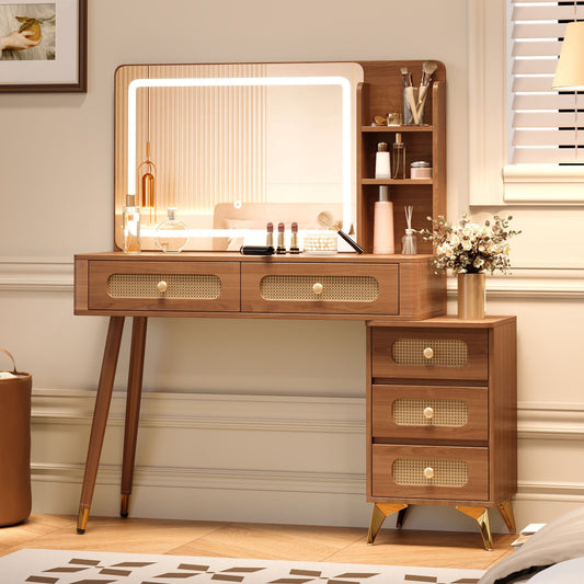 47''Vintage Makeup Vanity with Mirror and Lights, Makeup Vanity Desk with 5 Drawers and Storage Shelf, Rattan Drawer Design, 3 Color Modes and Adjustable Brightness Dressing Table,Walnut
