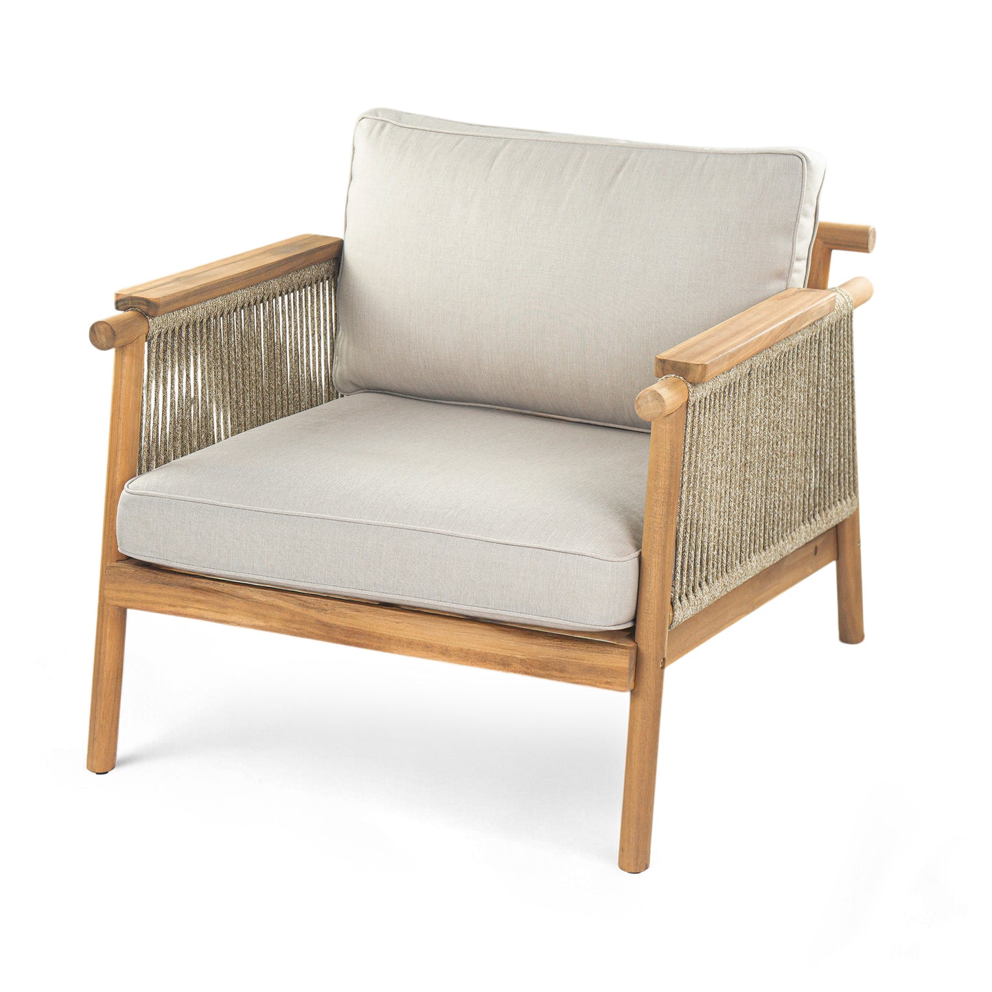 Sumbawa Outdoor Club Chair, Teak Finish, Rope-Woven Design, Acacia Wood, 29.50 x 32.25 x 22.75 inches