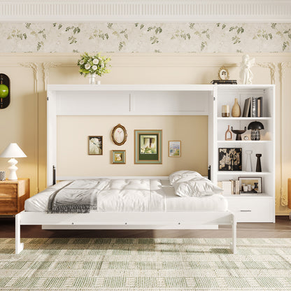 Queen Size Murphy Bed with Height Adjustable Storage Compartments and Shelf, Wall Bed Frame With 1 Drawer, Multifunctional Foldable Platform Bed for Bedroom,Guest Room, White(OLD SKU:N733S309223K)