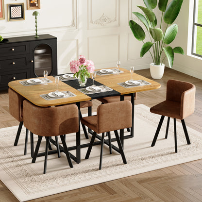 7-Piece Rectangular Dining Table Set, Fixed Two-Tone Wood Grain & Black Triamine Tabletop with 6 Brown Suede Chairs, Modern Kitchen Table Set for 6 People, Ideal for Small Spaces, Apartment