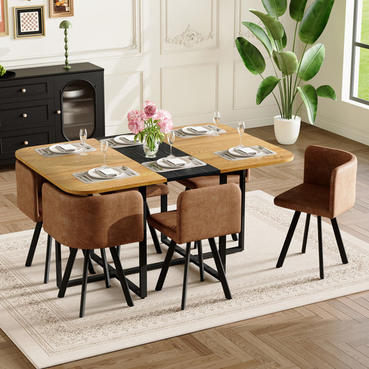 7-Piece Rectangular Dining Table Set, Fixed Two-Tone Wood Grain & Black Triamine Tabletop with 6 Brown Suede Chairs, Modern Kitchen Table Set for 6 People, Ideal for Small Spaces, Apartment
