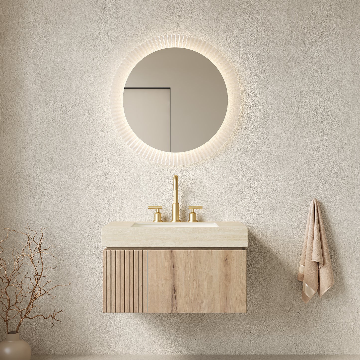 MURI 30' Bathroom Vanity&Sink, Floating Plywood Storage Cabinet with Drawer&Door, Roma Travertine Sintered Stone Top&Ceramic Basin with 3 Pre-drilled Faucet Holes, Pre-assembled, White Oak Woodgrain