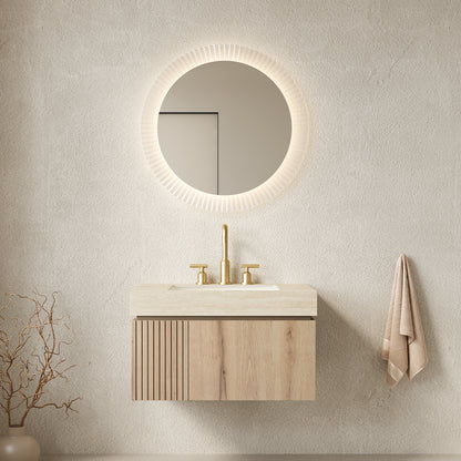 MURI 30' Bathroom Vanity&Sink, Floating Plywood Storage Cabinet with Drawer&Door, Roma Travertine Sintered Stone Top&Ceramic Basin with 3 Pre-drilled Faucet Holes, Pre-assembled, White Oak Woodgrain