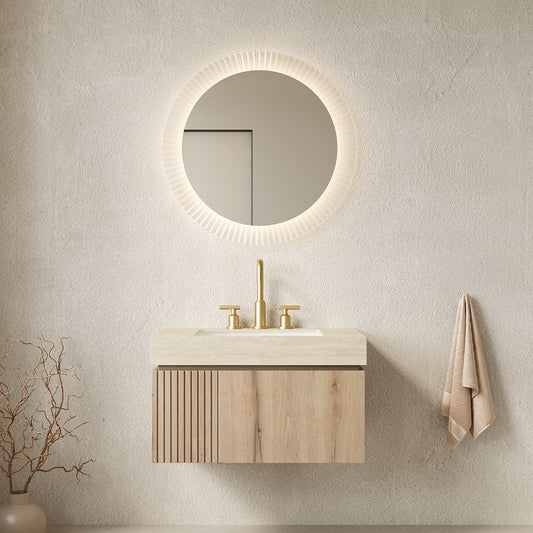 MURI 30' Bathroom Vanity&Sink, Floating Plywood Storage Cabinet with Drawer&Door, Roma Travertine Sintered Stone Top&Ceramic Basin with 3 Pre-drilled Faucet Holes, Pre-assembled, White Oak Woodgrain