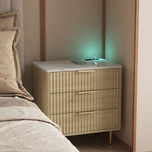 Nightstand with Charging Station, Smart Nightstand with Night Light, Modern Night Stand with Storage Cabinet for Bedroom, Wood