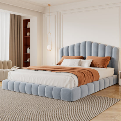 Velvet Upholstered Queen Bed Floor Bed Frame Shell-Shaped Headboard for Bedroom,No Box Spring Needed,Light Blue (Old SKU:BS324377AAC)