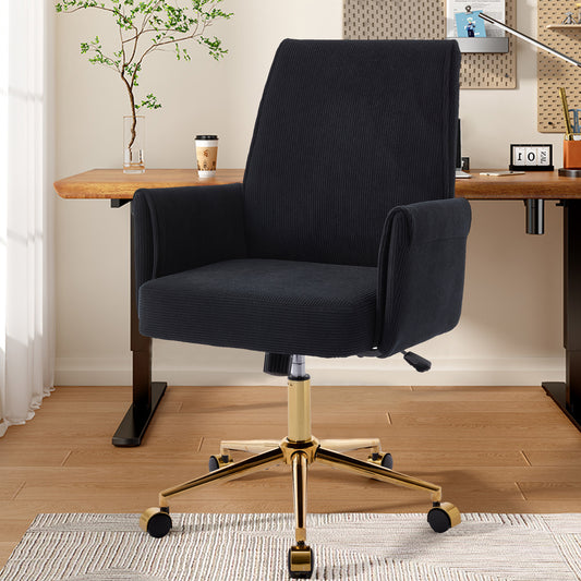 Ergonomic Mid-Back Office Chair with Striped Fabric, Black Corduroy, Gold Base, 25.2 x 24.0 x 41.9 inches