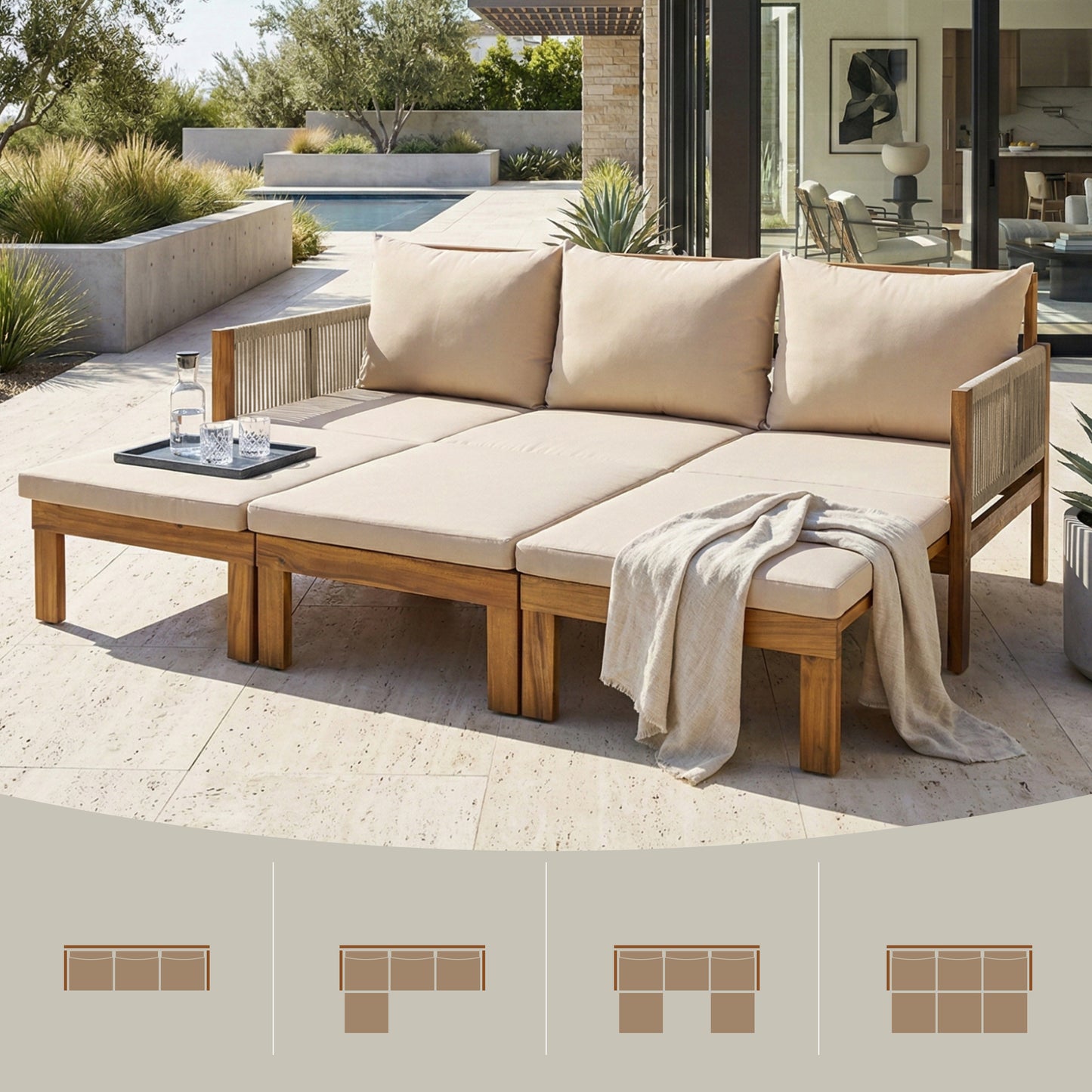 Outdoor Daybed Patio Sofa Bed 3 Seat Patio Sunbed Outdoor Sleeper Sofa Outdoor Couch for Patio, Backyard, Pool, Natural Wood+Brown Cushion