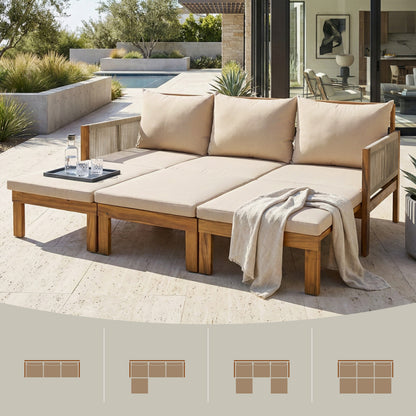 Outdoor Daybed Patio Sofa Bed 3 Seat Patio Sunbed Outdoor Sleeper Sofa Outdoor Couch for Patio, Backyard, Pool, Natural Wood+Brown Cushion
