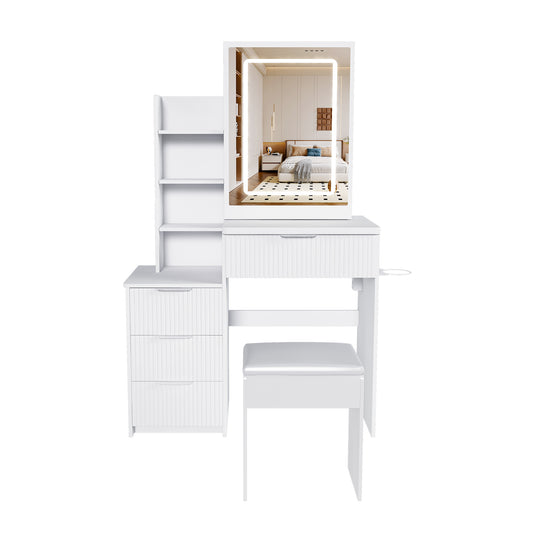 Modern Vanity Desk with 3 LED Lighting Modes, 4 Drawers, Hair Dryer Holder & Power Socket, White MDF Finish, 31.5 x 14.17 x 51.18 inches