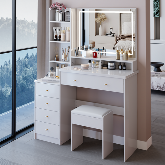 41' Large Sized Bedside Cabinet Vanity Table + Cushioned Stool, Extra Large Touch Control LED Mirror, 3-color Switch, Multi Layer High Capacity Storage Fashionable Dresser, EPA, GCC, UL Certificate