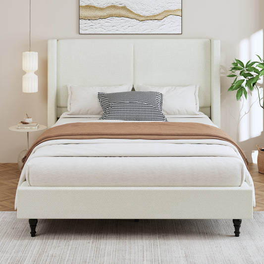 Queen Size Bed Frame with 55.5'High Back Upholstered Headboard,Boucle Fabric,12 Slat Support,Thickened Side Panels,Solid Wood Feet,No Box Spring Needed(White)