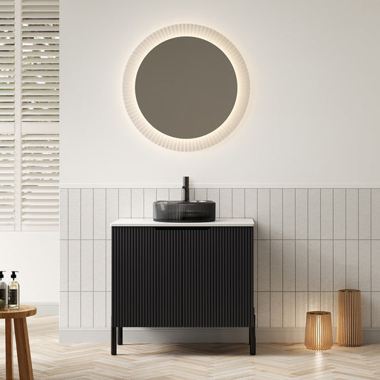 TURIO 30' Bathroom Vanity with Sink, Freestanding Bathroom Storage Cabinet with 2 Doors, Transparent Black Round Glass Basin and Carrara White Sintered Stone Countertop, No Faucet, Black Color