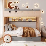 Full Size Castle Style Bunk Bed with 2 Drawers,Shelf,and LED,Gray+Antique Pink