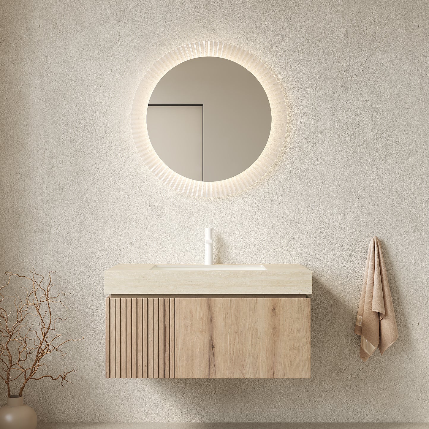MURI 36' Bathroom Vanity&Sink, Floating Plywood Storage Cabinet with Drawer&Door, Roma Travertine Sintered Stone Top&Ceramic Basin with 1 Pre-drilled Faucet Hole, Pre-assembled, White Oak Woodgrain
